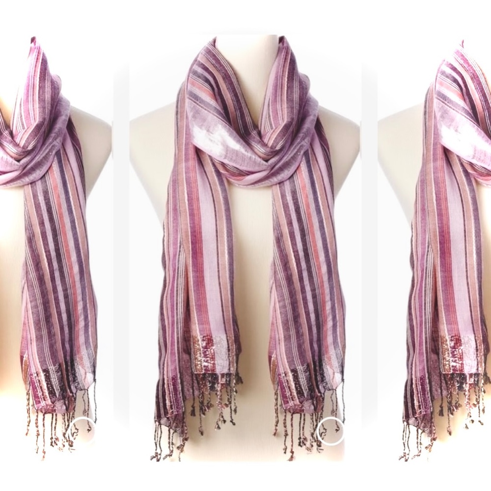 THEODORA & CALLUM | OS | Multi Monaco Metallic Purple Silver Fringe Stripe Scarf